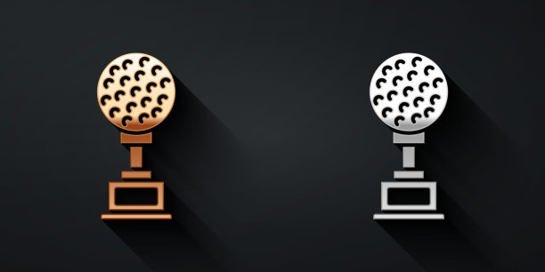 金色和银色奖杯与高尔夫图标隔离在黑色背景。冠军奖杯标志。冠军或比赛奖杯。运动成就标志。长阴影风格。向量图片下载