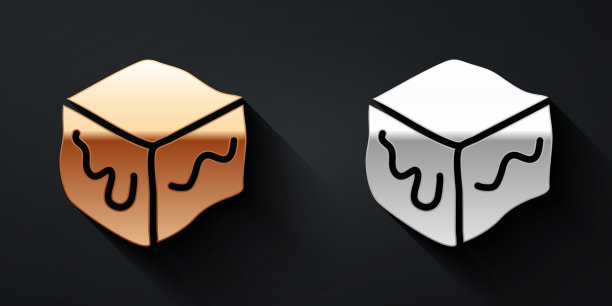 金色和银色等距立方体图标隔离在黑色背景上。几何立方体固体图标。三维方形符号。盒子的象征。长阴影风格。向量图片下载
