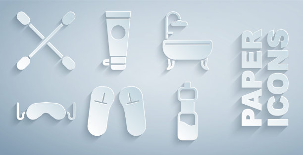 设置拖鞋，浴缸，眼睛睡眠面膜，一瓶水，霜或乳液化妆管和棉签耳朵图标。向量图片下载