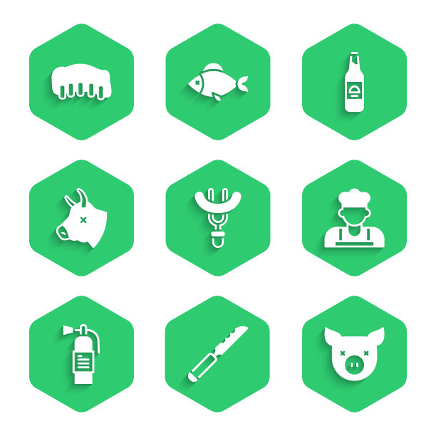 设置香肠上的叉子，面包刀，猪，厨师，灭火器，牛头，啤酒瓶和烤猪肉烧烤排骨图标。向量图片下载