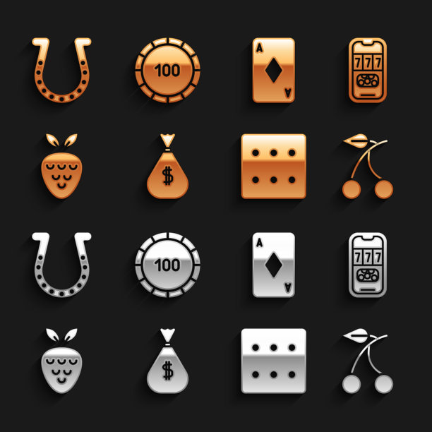 集钱袋，赌场扑克比赛邀请，老虎机与樱桃，游戏骰子，草莓，扑克牌钻石，马蹄和筹码图标。向量图片下载