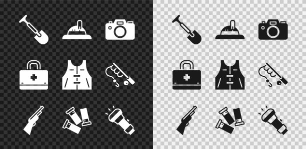 集铲子，猎人帽子，照片相机，狩猎枪，弹药，手电筒，急救箱和夹克图标。向量图片下载