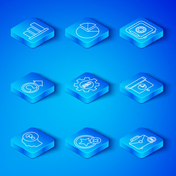 设置线人头与问号，Seo标签齿轮，星，图表，图表，图表，信息图表，安全，工作晋升，饼和公文包和金钱图标。向量图片下载