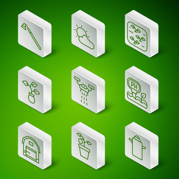 设置线罐装牛奶容器，花盆，花园锄，智能农场无人机，太阳和云天气，农场和土壤ph值测试图标。向量图片下载