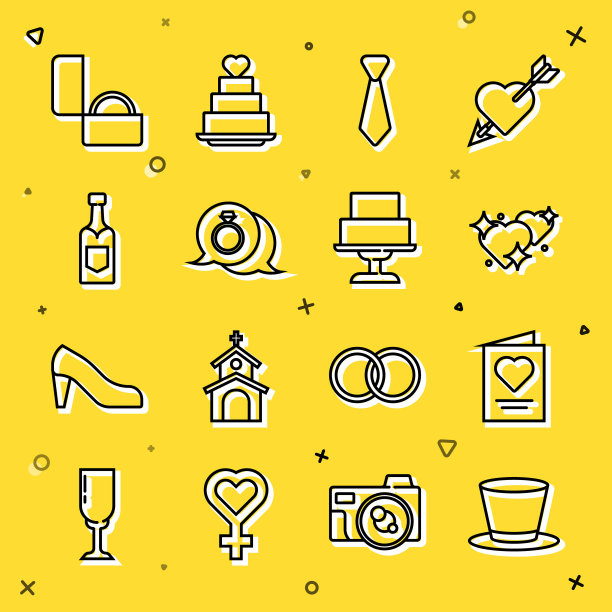 套线圆筒帽，贺卡，两颗相连的心，领带，钻石订婚戒指，香槟瓶，和婚礼蛋糕图标。向量图片下载