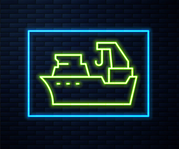 发光的霓虹灯线渔船图标隔离在砖墙背景。渔船。向量图片下载