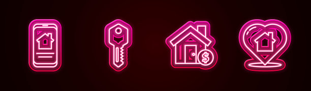 线上房产套行，房子钥匙，有美元符号和心形。发光的霓虹灯图标。向量图片下载