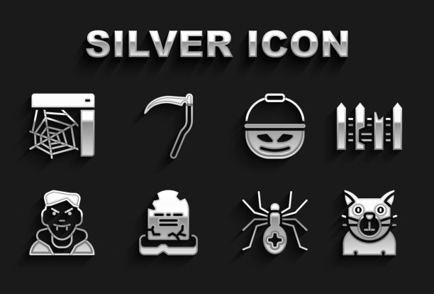 设置墓碑与RIP写，花园围栏木，猫，蜘蛛，吸血鬼，南瓜篮子糖果，网和镰刀图标。向量图片下载