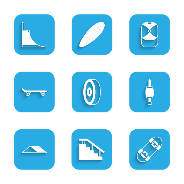 设置滑板滚珠轴承，楼梯与轨道，螺丝刀，公园，棒球帽和图标。向量图片下载