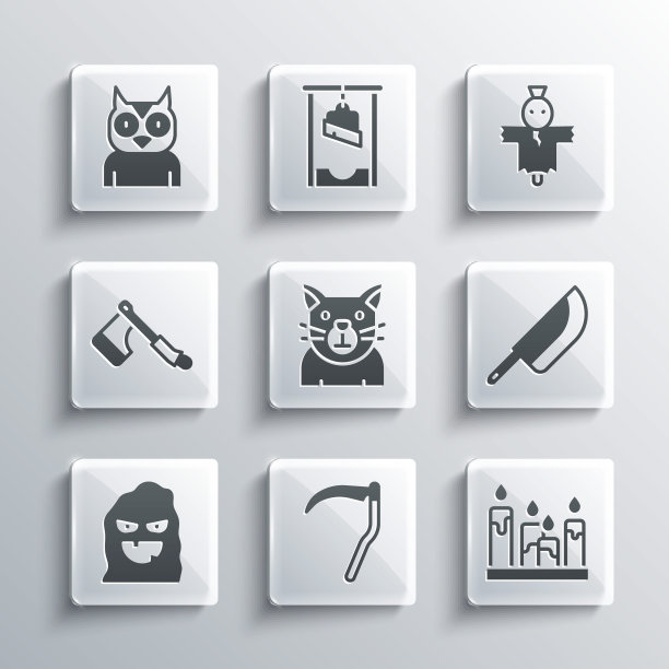 集镰刀，燃烧的蜡烛，刀，猫，有趣的可怕的幽灵面具，木斧，猫头鹰鸟和稻草人图标。向量图片下载