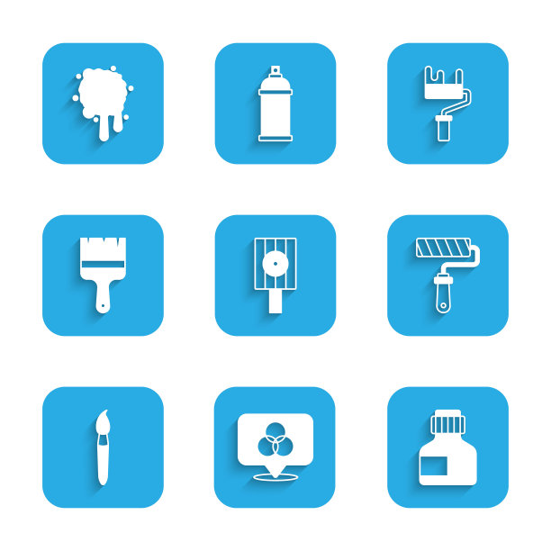 设置喷壶喷头盖，RGB和CMYK调色，油漆，水粉，罐子，染料，滚筒刷和喷雾图标。向量图片下载