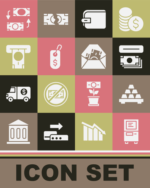 设置自动取款机，金条，和钱，钱包，价格标签与美元，货币兑换和信封符号图标。向量图片下载