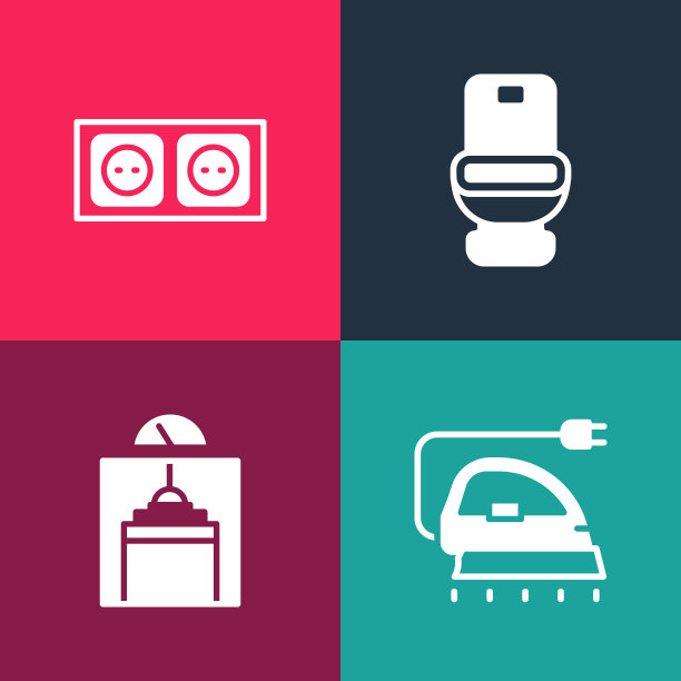设置流行艺术电熨斗，电梯，抽水马桶和电源插座图标。向量图片下载