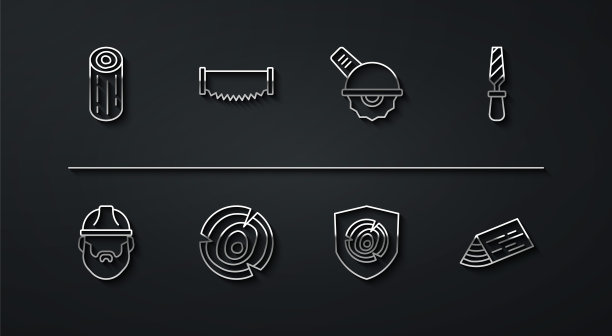 集线原木，伐木工，锉刀金属锉，双手锯，梁和电动圆形图标。向量图片下载