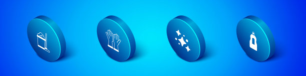 设置等距拖把和水桶，家庭清洁服务，洗洁精瓶和橡胶手套图标。向量图片下载