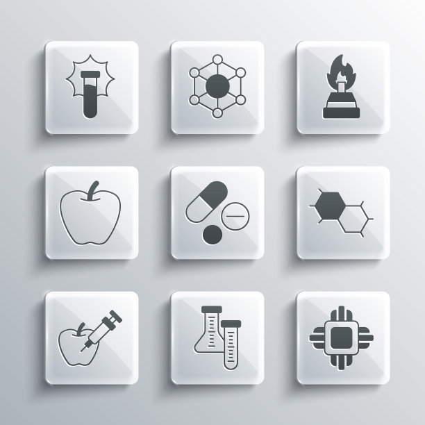 设置试管，处理器CPU，化学配方，药片，转基因苹果，苹果，爆炸烧瓶和酒精燃烧器图标。向量图片下载