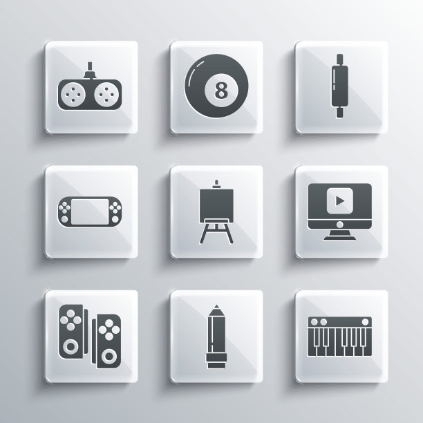 集铅笔与橡皮擦，音乐合成器，在线播放视频，画架或绘画艺术板，手柄，便携式游戏机，和擀面棍图标。向量图片下载
