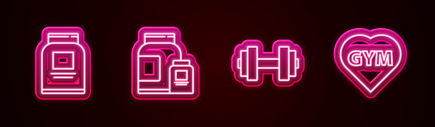集运动营养、哑铃、健身健身于一体。发光的霓虹灯图标。向量图片下载