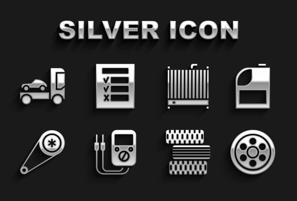 设置万用表，电机机油罐，合金车轮，汽车轮胎，同步带套件，散热器冷却系统，运输车和检查图标。向量图片下载