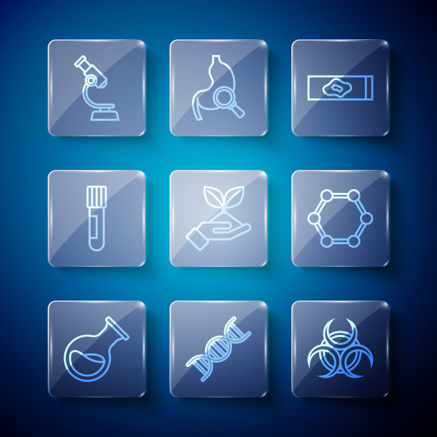 设置线试管和烧瓶，DNA符号，生物危害，血液测试病毒，手上的植物，显微镜和分子图标。向量图片下载