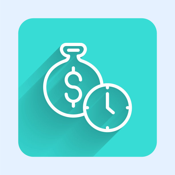 白线时间是金钱图标与长阴影背景隔离。金钱就是时间。有效的时间管理。把时间转化为金钱。绿色方形按钮。向量图片下载