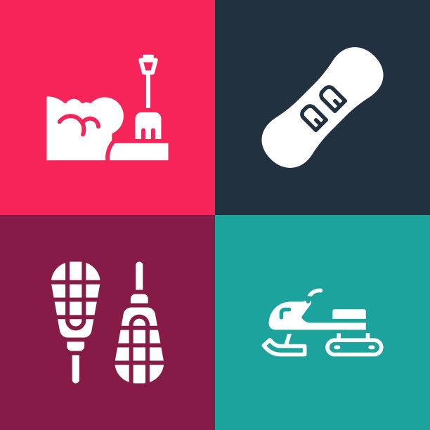 设置流行艺术雪地摩托，雪鞋，滑雪板和铲子在雪堆图标。向量图片下载