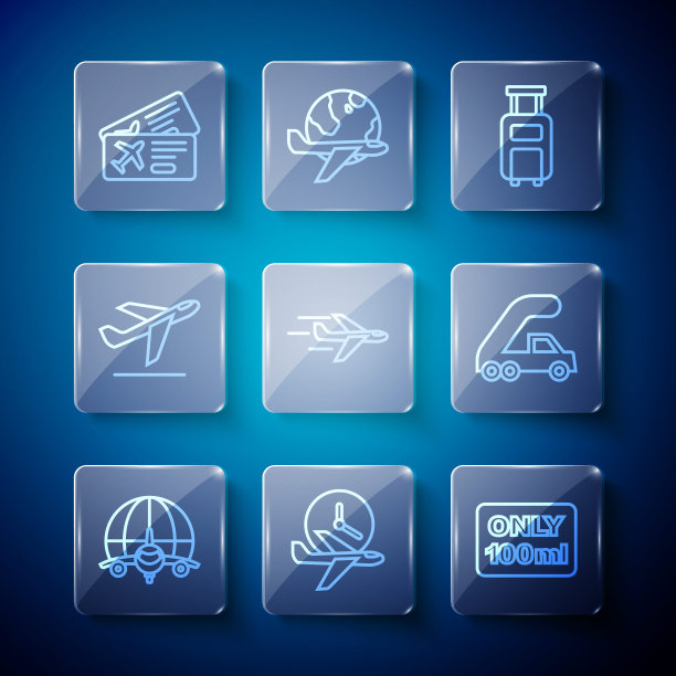 设置线地球仪与飞行飞机，飞行时间，液体随身行李，手提箱，飞机，起飞，机票和乘客梯子登机图标。向量图片下载