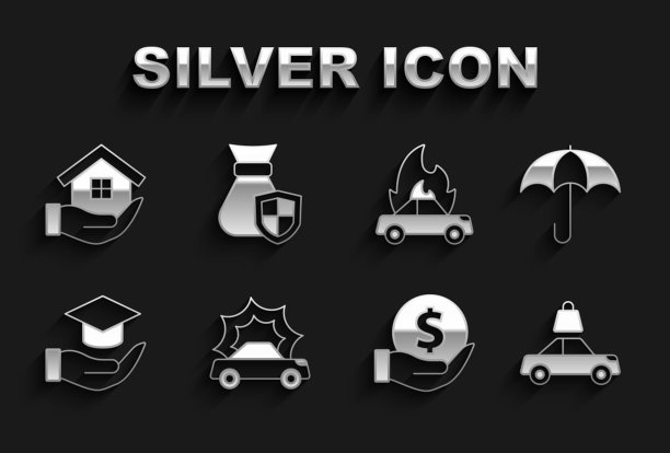 集车祸，雨伞，保险，钱与盾，教育补助金，燃烧的汽车，手和包图标。向量图片下载