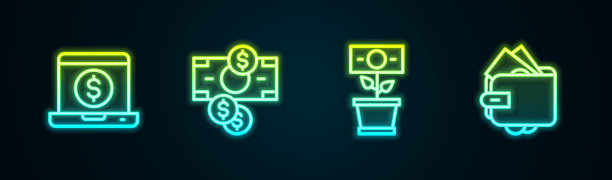 设置线笔记本电脑与美元，堆叠纸币现金，钱种植在锅和钱包。发光的霓虹灯图标。向量图片下载