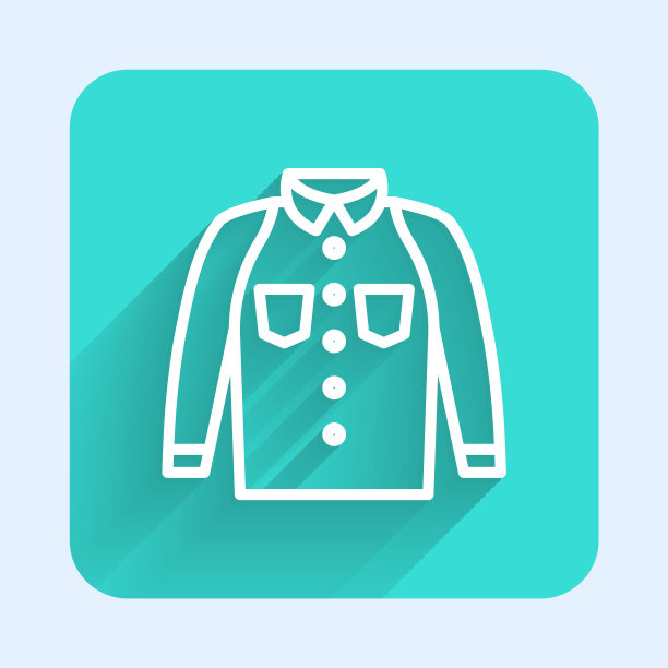 白线衬衫图标隔离与长阴影背景。t恤。绿色方形按钮。向量图片下载