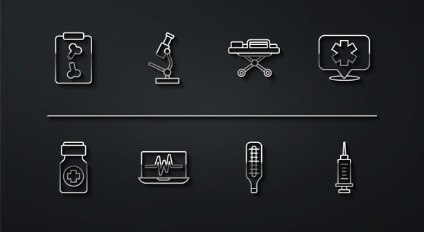 设置线x光片，药瓶和药片，紧急医疗符号，温度计，笔记本电脑与心电图，显微镜，注射器和担架图标。向量图片下载