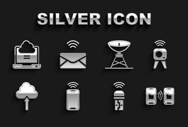 手机配置wi-fi无线，网络摄像头，数据传输和存储，Usb适配器，云上传，卫星天线，网络云连接和邮件图标。向量图片下载