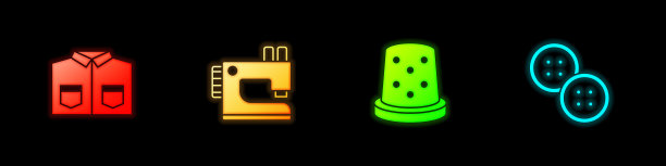 集衬衫，缝纫机，顶针缝制和按钮图标。向量图片下载