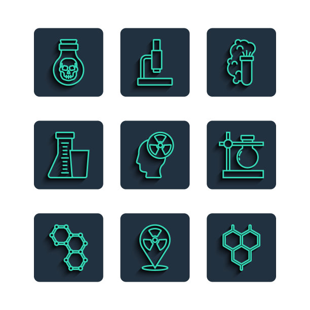 设置线化学公式，放射性位置，爆炸，头部和辐射符号，试管瓶，毒药瓶和支架图标。向量图片下载