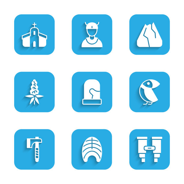 集圣诞手套，鱼排，双筒望远镜，信天翁，木斧，羽扇花，山和教堂建筑图标。向量图片下载