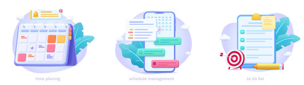 集购物矢量3d插图:时间表和任务管理，时间计划，日历应用与花卉元素。三维图标的网站，登陆页，横幅。图片下载