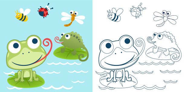 矢量插图卡通青蛙和变色龙在荷叶与虫子。儿童涂色书或涂色页图片下载