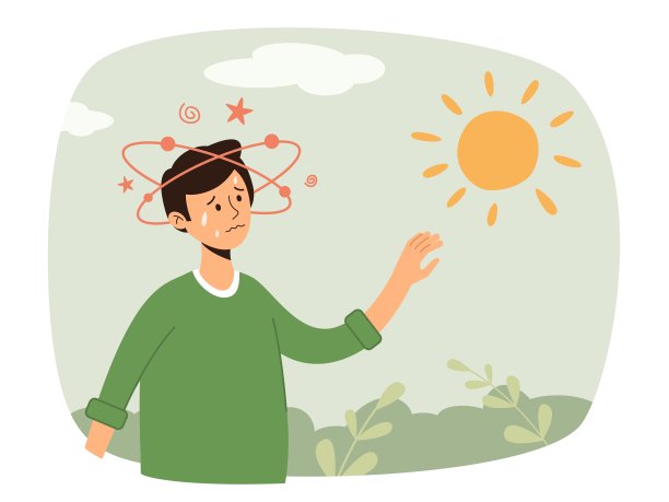 疲惫、晒伤、夏日、高温的保健概念。中暑症状为体温高、出汗、出汗、头痛、皮肤发红、脱水。孤立矢量图。图片下载