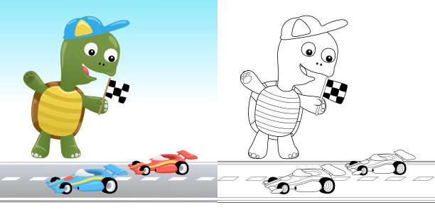 矢量插图的卡通乌龟持有完成旗在玩具汽车比赛。儿童涂色书或涂色页图片下载