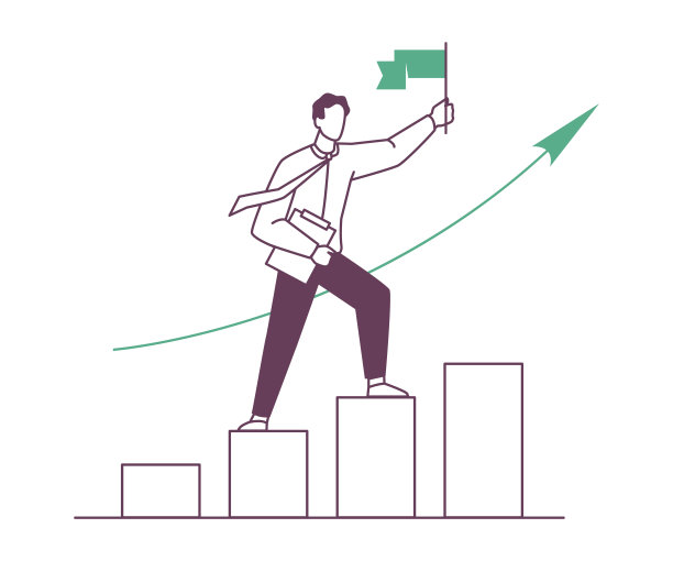商人实现目标，成功企业家以商业理念为目标前进。隔离员工，台座上有国旗。平面卡通插图中的矢量图片下载
