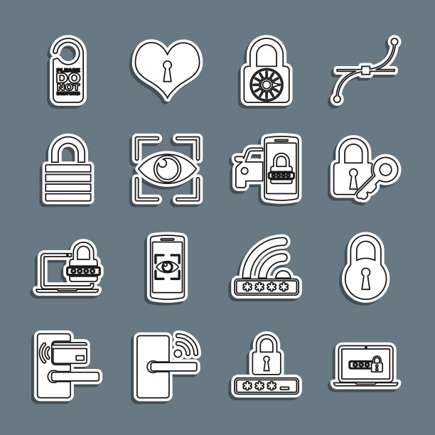 设置线笔记本电脑密码，锁，钥匙，安全密码锁轮，眼睛扫描，请不要打扰和智能汽车安全系统图标。向量图片下载