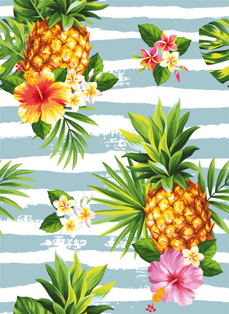 热带无缝图案与棕榈叶，花卉异国情调和菠萝。矢量插图。植物的背景。图片下载