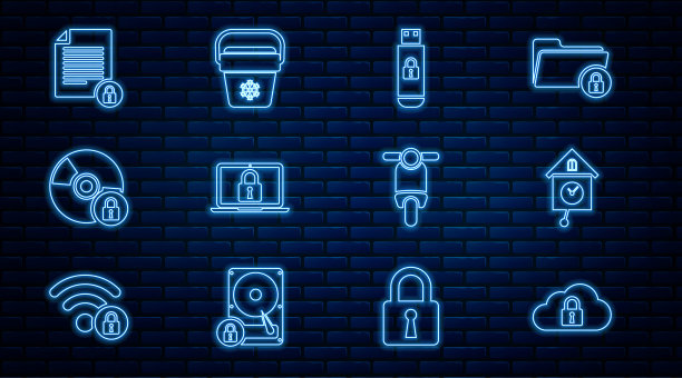 套装线云计算锁，复古墙表，u盘，笔记本电脑和，CD或DVD盘，文档，滑板车和冷却器包图标。向量图片下载