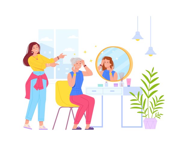 镜报的高级女性。老大娘看奢华肌肤怀旧年轻画像，老大娘用美容师或女儿护理脸，用祛皱霜矢量插画图片下载