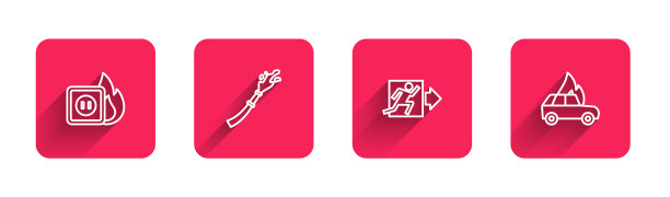 设置火灾插座、消防软管盘、出口及长阴影燃烧车的接线。红色方块按钮。向量图片下载