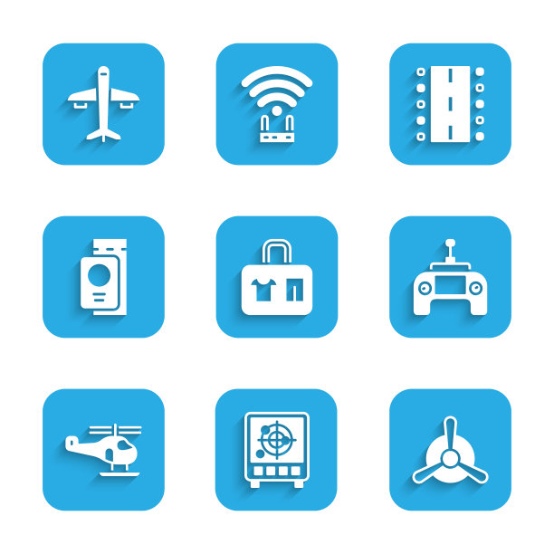 设置行李箱，雷达与目标显示器，飞机螺旋桨，无人机遥控，直升机，护照票，机场跑道和图标。向量图片下载