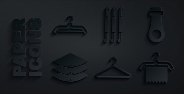 集衣架衣柜，拉链，层次服装纺织品，钩针钩和图标。向量图片下载