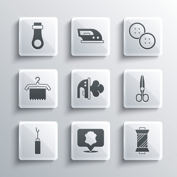 设置皮革，缝纫线在线轴，剪刀，电熨斗，锥子工具，衣架衣柜，拉链和按钮图标。向量图片下载