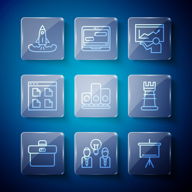 设置线公文包，人与灯泡，黑板，培训，演示，排名明星，浏览器文件，火箭和商业战略图标。向量图片下载