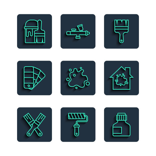 设置线油漆刷，滚筒，油漆，水粉，罐子，染料，喷雾，调色板指南，桶与油漆的房子图标。向量图片下载